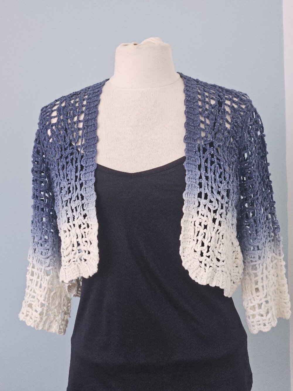 CHICOS CROCHETED SHRUG, BLUE OMBRE' DIP-DYED